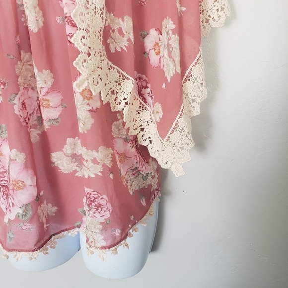 E Anthropologie XS Mauve Pink Floral Short Sleeve Blouse Crochet Lace Nella Top - Picture 7 of 7
